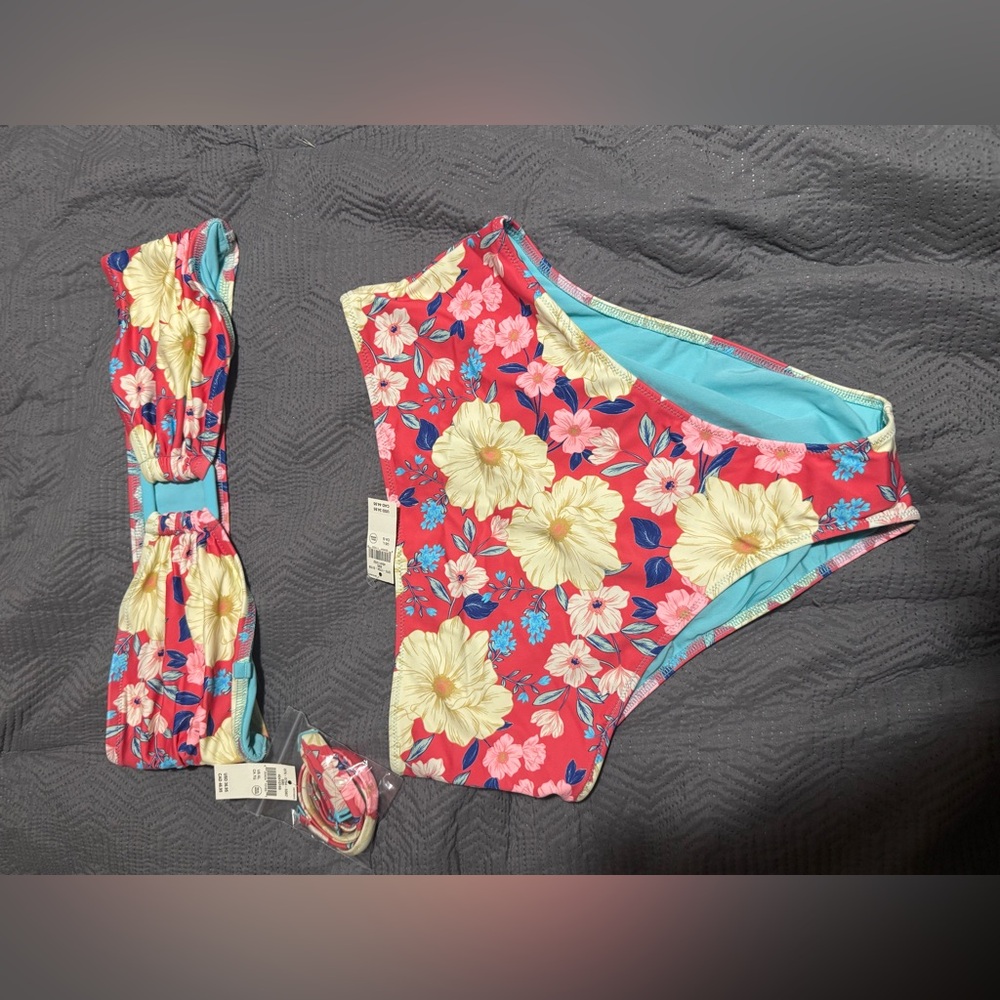 Floral Bikini Set with Red and Blue Accents